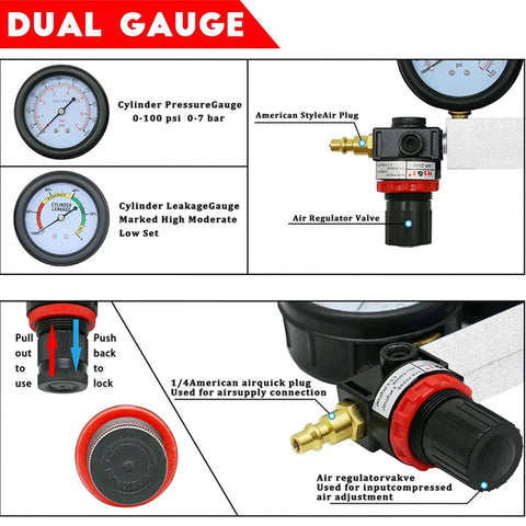 Multi Function Cylinder Leak Down Tester Kit For Gasoline Engines With Dual Gauge Extension Rod And Leakage Rate Test Capabilities