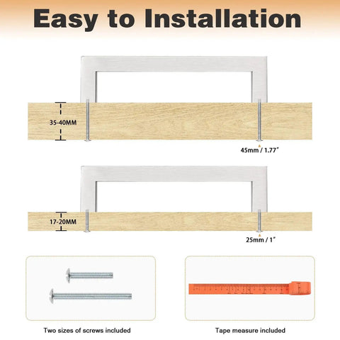 Diagram showing 50 Pack Satin Nickel Stainless Steel Square Bar Cabinet Handles For Kitchen Cupboards And Drawers, with measurements and screws.