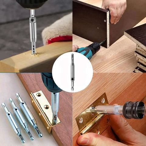 4 Piece Self Centering Hinge Tapper Drill Bit Set For Woodworking Doors And Windows Opens Holes Fast In 5/64 7/64 9/64 And 11/64 Inches With High Speed Steel Bits And Precise Centering For Cabinet Hinges Door Jambs And Woodworking Projects shown in use with woodworking projects.