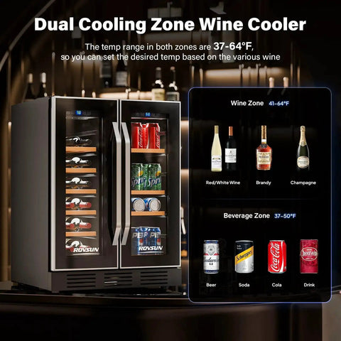 34 Bottle Dual Zone Wine And Beverage Fridge With Independent Temperature Control And LED Panel showing wine and beverage zones