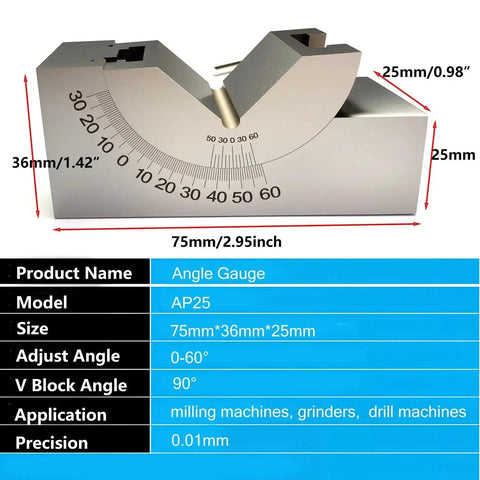 Adjustable Micro Angle Gauge 0 To 60 Degrees With Locking Hex Screw for Milling, size 75mm with precision 0.01mm.