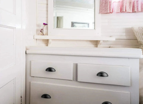 White dresser with Twelve Pack Flat Black Cabinet Cup Pulls Three Eleven Sixteenths Inch Long One And One Quarter Inch Wide