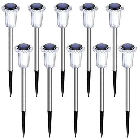 Solar LED Outdoor Stake Lights Pack Of 10 Waterproof Stainless Steel Yard Pathway Garden Driveway Walkway Landscape Lighting 6000K Cool White Easy Setup Weatherproof No Hassle