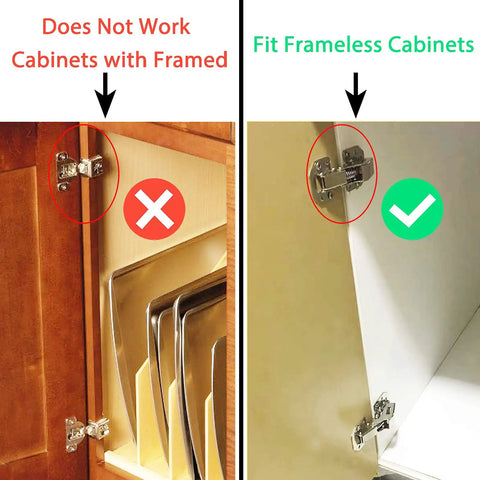 Comparison of cabinet hinges showing right side with 8 Pack Soft Close Hidden Cabinet Hinges For Frameless Doors 4 Inch Concealed Surface Mount With Built In Hydraulic Damping And Slow Close For Quiet Cabinets Rust Resistant Nickel Finish REDYA