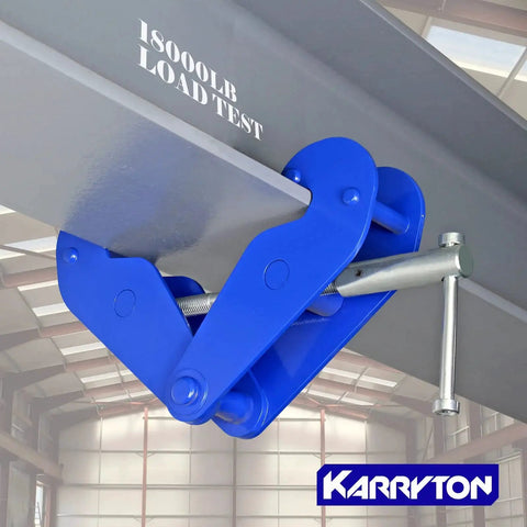 KARRYTON blue beam clamp on I-beam flange (3–9 in), 2-ton capacity