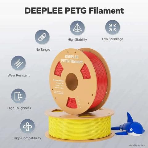 Image of DEEPLEE PETG filament spools in red and yellow with icons showing features like no tangle, high stability, and wear resistance.