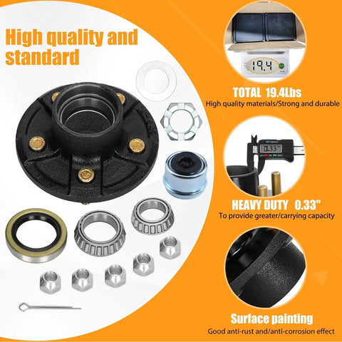 Trailer Hub Kit Five Bolt Four And A Half Inch 3500 Pound Capacity Fits One And One Sixteenth To One And Three Eighths Inch Tapered Spindle Five Lug Boat Trailer Hubs EZ Lube Axle Compatible With Dexter Al Ko Lippert Quality And Other Brands components on display with weight and dimensions