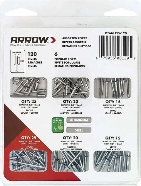 Pop Rivet Assortment Kit For Metal Fabric Leather And Auto Repair One Eighth Inch Rivets Aluminum And Steel 120 Pack package