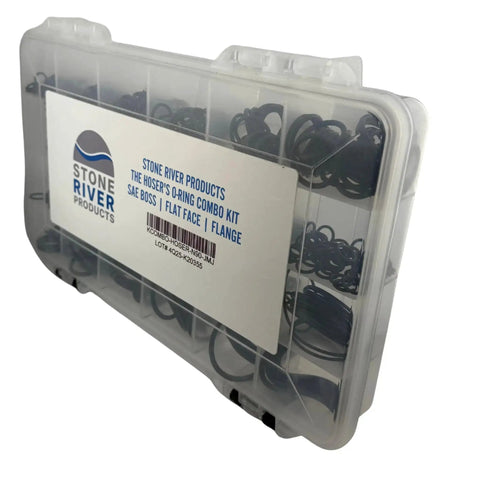 Front view of Hoser’s Combo Kit For Hydraulic Boss Flat Face Flange O Ring Assortment in a clear plastic case.
