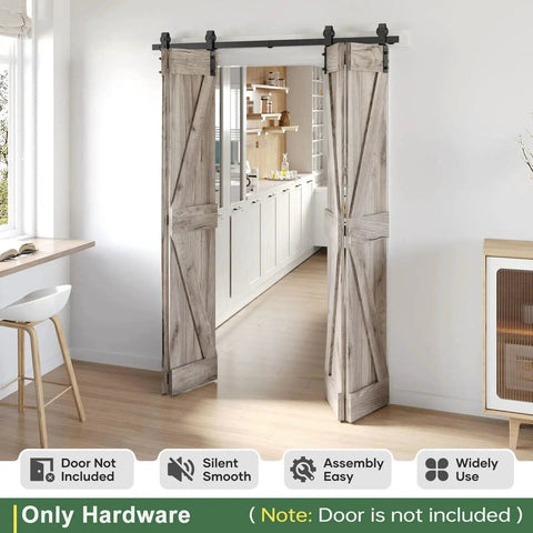 Installed 64-Inch Bi-Fold Sliding Barn Door Hardware Track Kit With Side Mounted Black J Shape Rollers, doors not included.