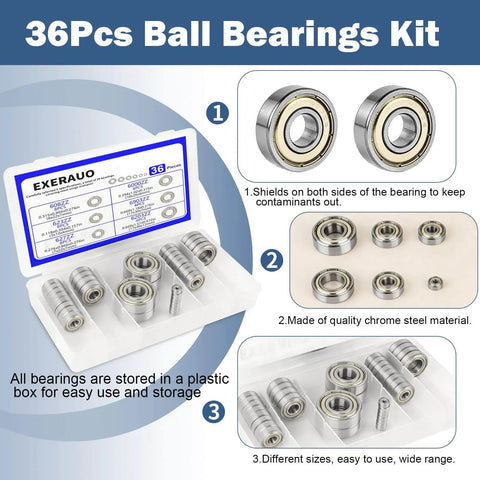 36-Piece Ball Bearing Kit displayed with various deep-groove steel bearings including 608ZZ and 623ZZ in a labeled box.