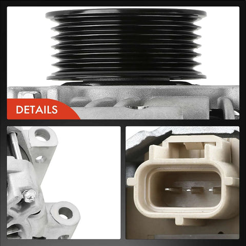 Close-up of Beefy 150 Amp 12 Volt Car Alternator for Ford Escape 2009-2012, 6 groove pulley and connector details