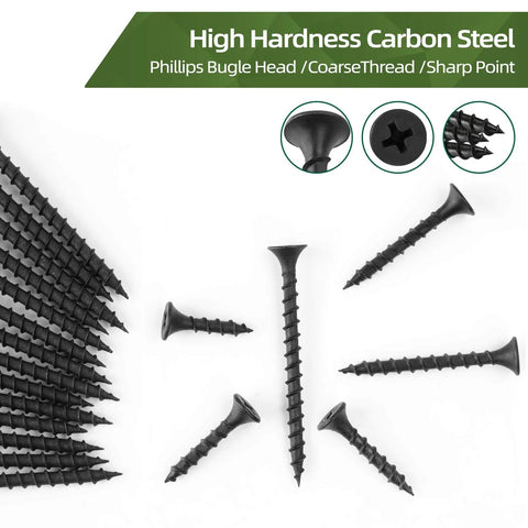 170 Piece Six Gauge One And A Half Inch Drywall Screws Set With Phillips Drive Self Tapping Bugle Head Coarse Thread Black Oxide
