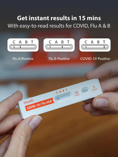 Hands holding 3 In 1 Rapid Antigen Test For Covid And Flu A And B At Home OTC Kit Delivers Results In About 15 Minutes FDA Authorized