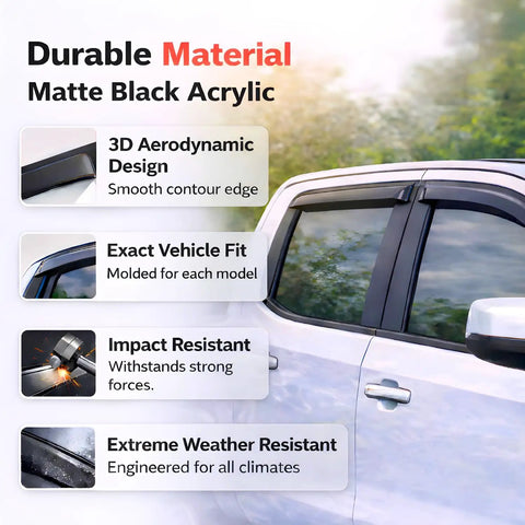 Out Channel Rain Guards Window Visors Vent Deflectors For RAM Trucks 2009 2018 RAM 1500 Crew Cab 4 Piece close-up of matte black acrylic material