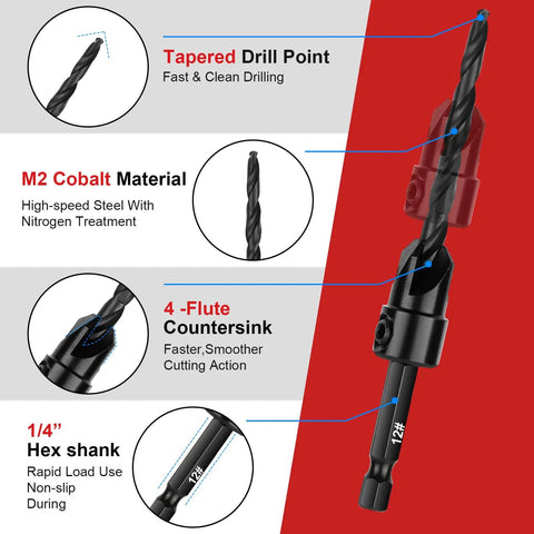 Woodworking Countersink Drill Bit Set 15 Piece Kit With M2 Cobalt HSS Tapered Bits and Quarter Inch Hex Shank Features
