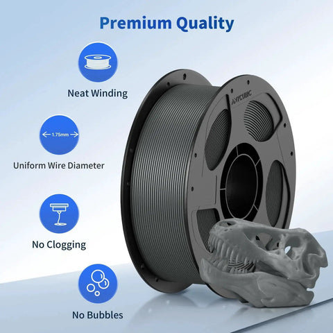 PLA 1.75mm 1kg Grey Filament With Intelligent Identification For ACE Pro, featuring spool next to printed 3D dinosaur skull.