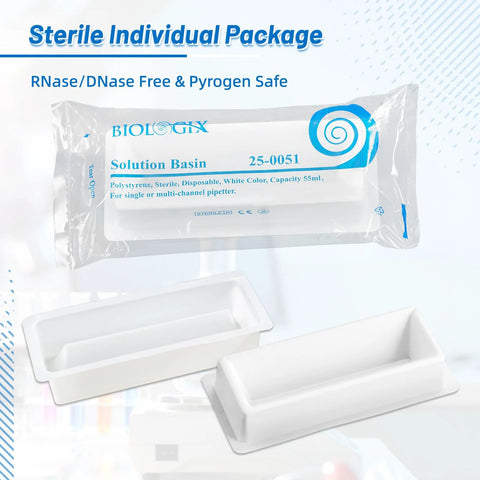 Two white 55ml solution basins, disposable PS, RNase/DNase-free, sterile