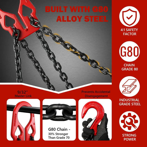 YATOINTO 5/16 in x 10 ft adjustable lifting chain sling, 2-leg G80 chain with red safety hooks, oiled finish.