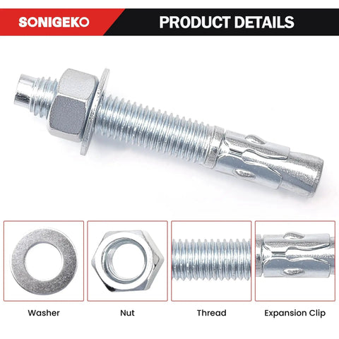 5/16 Inch Wedge Anchor For Concrete, Carbon Steel, Anti Rust Finish, all thread design; image shows anchor with washer, nut, thread, expansion clip.