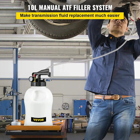 Mechanic using Two Way ATF Transmission Fluid Pump Dispenser Kit With 14 Adapters 10L Capacity in garage