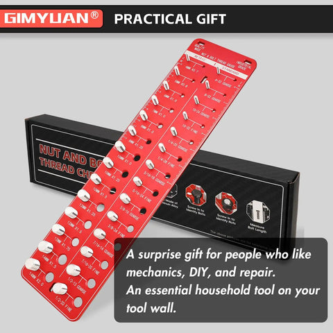 Nut And Bolt Thread Checker For Standard And Metric Thread Sizes Screw Size Identifier Gauge in red, showing 28 thread sizes.