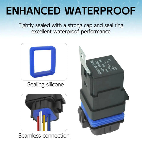 Enhanced waterproof feature of Two Pack Waterproof Relay And Harness Kit Forty To Thirty Amp Twelve Volt Relay Switch Five Pin SPDT.