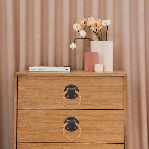 Wooden dresser with 2 Pack Vintage Rope Handle Drawer Pulls For Cabinets And Drawers, Rustic Black Knobs For Wardrobe And Furniture