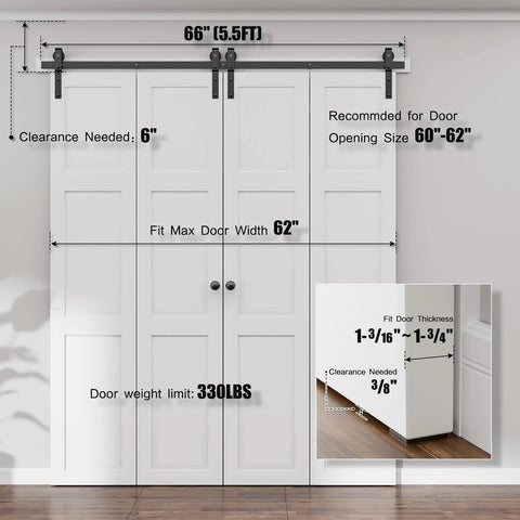66 Inch Bi Folding Sliding Barn Door Hardware Kit With Five And A Half Foot Heavy Duty Track And Rollers Installed View