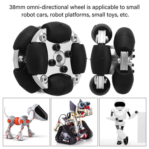 38mm Aluminum Omni Wheel With 8 PU Coated Rollers For Robot Builders, showcasing double aluminum hub for 360-degree movement.