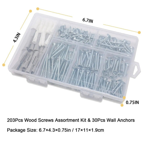 High Hardness Wood Screws Assortment Kit With 203 Pieces And 30 M6 Drywall Anchors in a clear plastic case