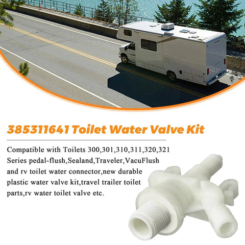 Upgraded RV Toilet Valve Kit With Flush Ball Seal 385311641 385311658 shown with RV on highway, ABS construction visible.