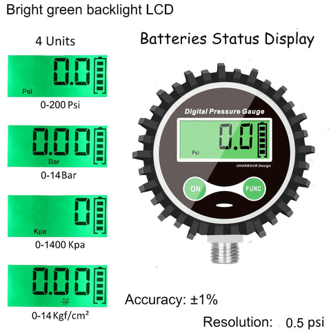 Digital tire pressure gauge with rubber protector and 1/4'' NPT bottom connector; green backlit LCD, 0-200 psi, ±1% accuracy