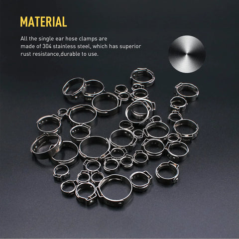 Assorted 304 stainless steel single-ear hose clamps, sizes 6–23.5 mm, for automotive, plumbing, and appliances.