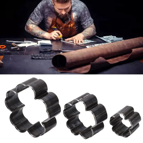 Leather Cutting Dies Set With Flower Shape Belt Hole Punches Three Piece Die Cutter Kit in 30mm, 50mm, 70mm sizes for DIY crafts.