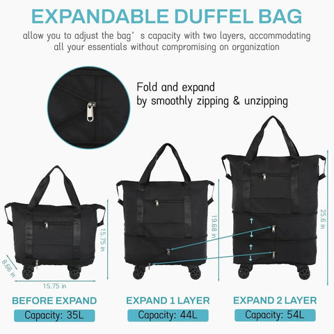 Expandable Rolling Duffle Bag With Wheels For Travel VOOWO, showing capacity from 35L to 54L. Features durable zippers and detachable wheels.