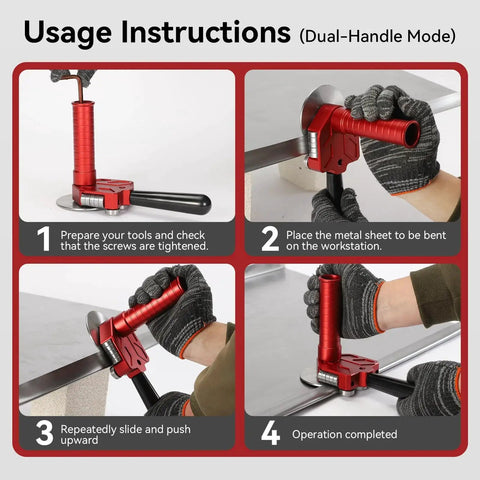 Sheet Metal Bender One Station Disc For 90 To 180 Degree Bends With Ergonomic Rotary Handle Delivers 0.59 To 1.18 Inch Curved Bends Works On Galvanized Iron Copper Aluminum And Stainless Steel Under 1mm Adjustable Roller Tool For Thin Sheet Metals shown in usage steps.