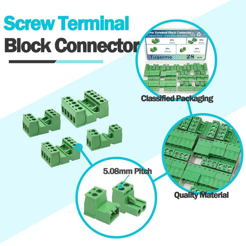 Image of 28 Sets Screw Terminal Block Connector Assortment Kit With 5.08mm Pitch Pro Grade Quality Includes 2 Pin 3 Pin 4 Pin 5 Pin Connectors For 24 To 12 AWG Cable On PCB OLA007, showing various angles and packaging.