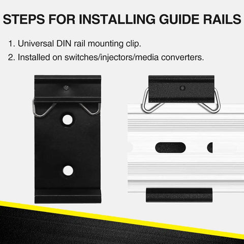 12 Pack Din Rail Mounting Clips One Point Oh Eight Inch Wide Snap In Universal Black Aluminum Alloy Relay Clips for 35mm Din Rail Switches and Injectors Durable Easy Install Great for Electrical Panels and Enclosures, showing universal rail mounting clip installed on 35mm rail with text instructions.