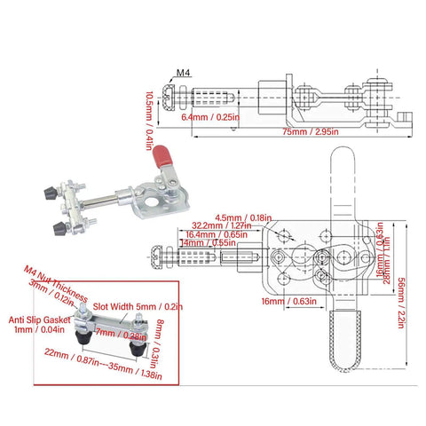 Stainless Steel Push Pull Toggle Clamp With Quick Release System 40kg Holding Capacity shown with technical dimensions and drawings.