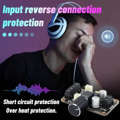 Person using headphones with Compact 5W Per Channel 5W Plus 5W PAM8406 Stereo Audio Amplifier Board visible, highlighting protection features.
