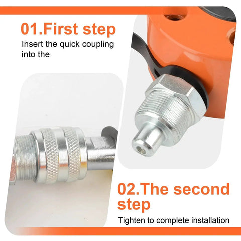 Close-up of connection steps on 20 Ton Hydraulic Ram Jack With Single Acting Cylinder Porta Power Kit Lifting showing quick coupling.