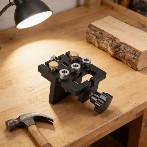 3 In 1 Woodworking Drill Locator And Self Centering Doweling Jig For Cabinet And Furniture Assembly on a workbench