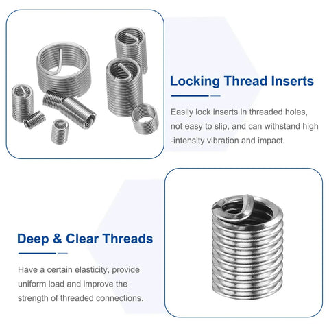No-Fuss Wire Thread Inserts Kit 1/4-20 UNC Helical Coiled Type 304 Stainless Steel Thread Repair Sleeves, close-up view