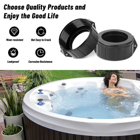Adabuing 2" spa heater split nut unions with screws, 2-pack gasket/O-rings; shown with an outdoor hot tub.