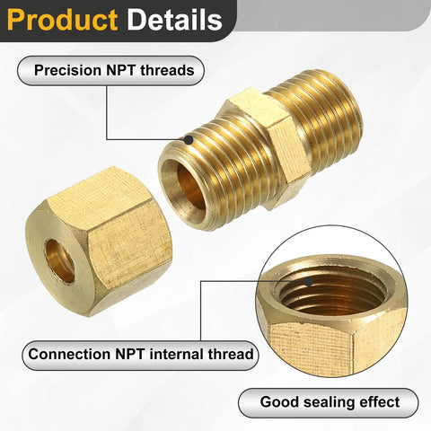 Two uxcell brass compression tube fittings, 10mm tube OD, NPT threaded straight coupling adapter with ferrule sleeves.
