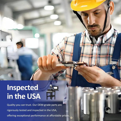 Technician inspecting aluminum sleeves with caliper in USA workshop labeled 'Inspected in the USA'