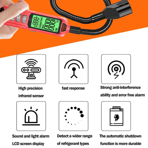 Ultra High Sensitivity Halogen Freon Leak Detector With UV Light Probe For RV Ac And Home Auto Air Conditioning Heated Diode Sensor Sniffs R134a R410a R22 Leaks With Precision Handy Refrigerant Leak Detection Tool in hand, showing LCD screen and flexible probe.