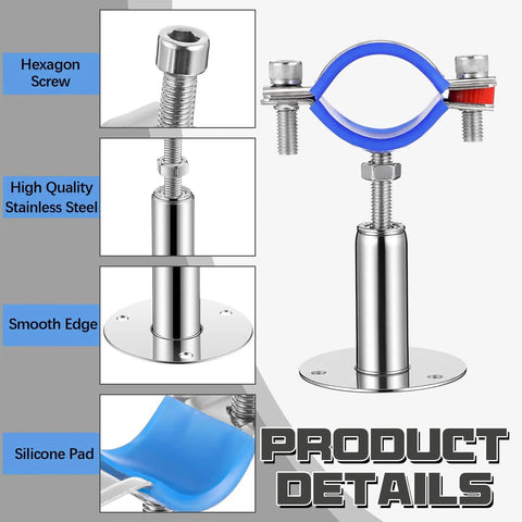 Eight Pack 304 Stainless Steel Wall And Ceiling Pipe Mount Brackets With Adjustable Height 50 To 100 Mm For Three Quarter Inch Pipes 25 To 28 Mm Includes 24 Screws 24 Anchors And Screwdriver, detailing hexagon screw and silicone pad.