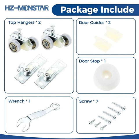 2 Pack Sliding Pocket Door Hardware Kit with top hanger rollers, door guides, door stop, wrench, screws, compatible with Johnson 1125 and 1500